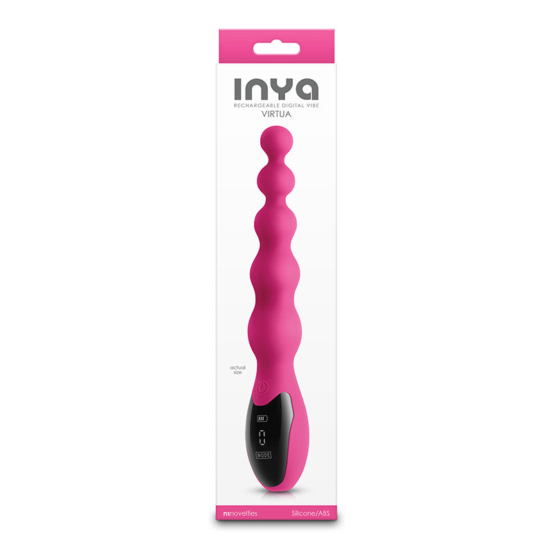 Pink silicone beaded vibrator with digital screen and grippy base; includes USB charging cable.