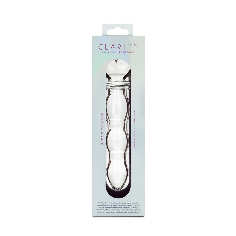 Clarity Hera's Cascade Glass Dildo clear curved design with heart handle