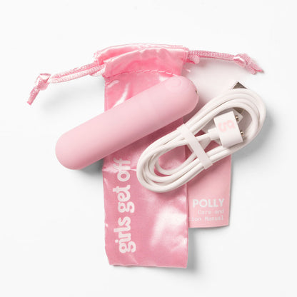 Close up of Polly bullet vibrator showing smooth silicone body and single control button.