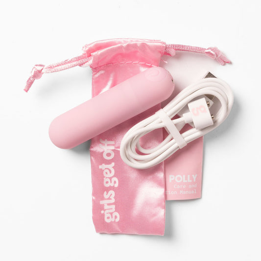 Close up of Polly bullet vibrator showing smooth silicone body and single control button.