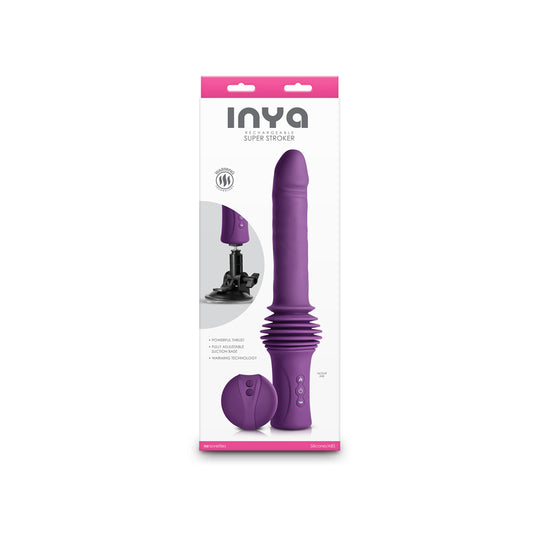 Purple thrusting vibrator on suction stand with wireless remote; includes USB charging cable.