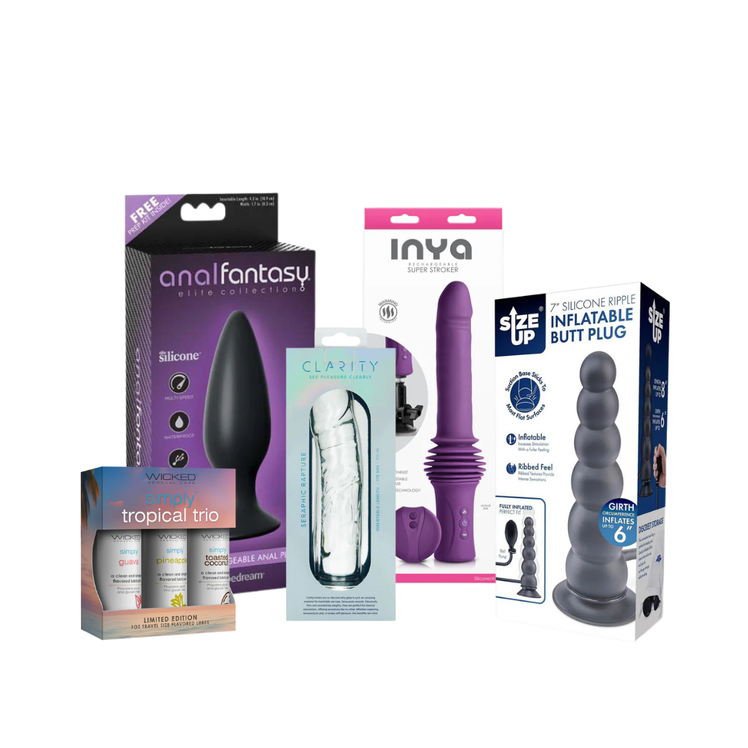 Seloura Fullness & Drive Anal Play Set arranged with inflatable butt plug, anal vibrator, glass dildo and tropical lube