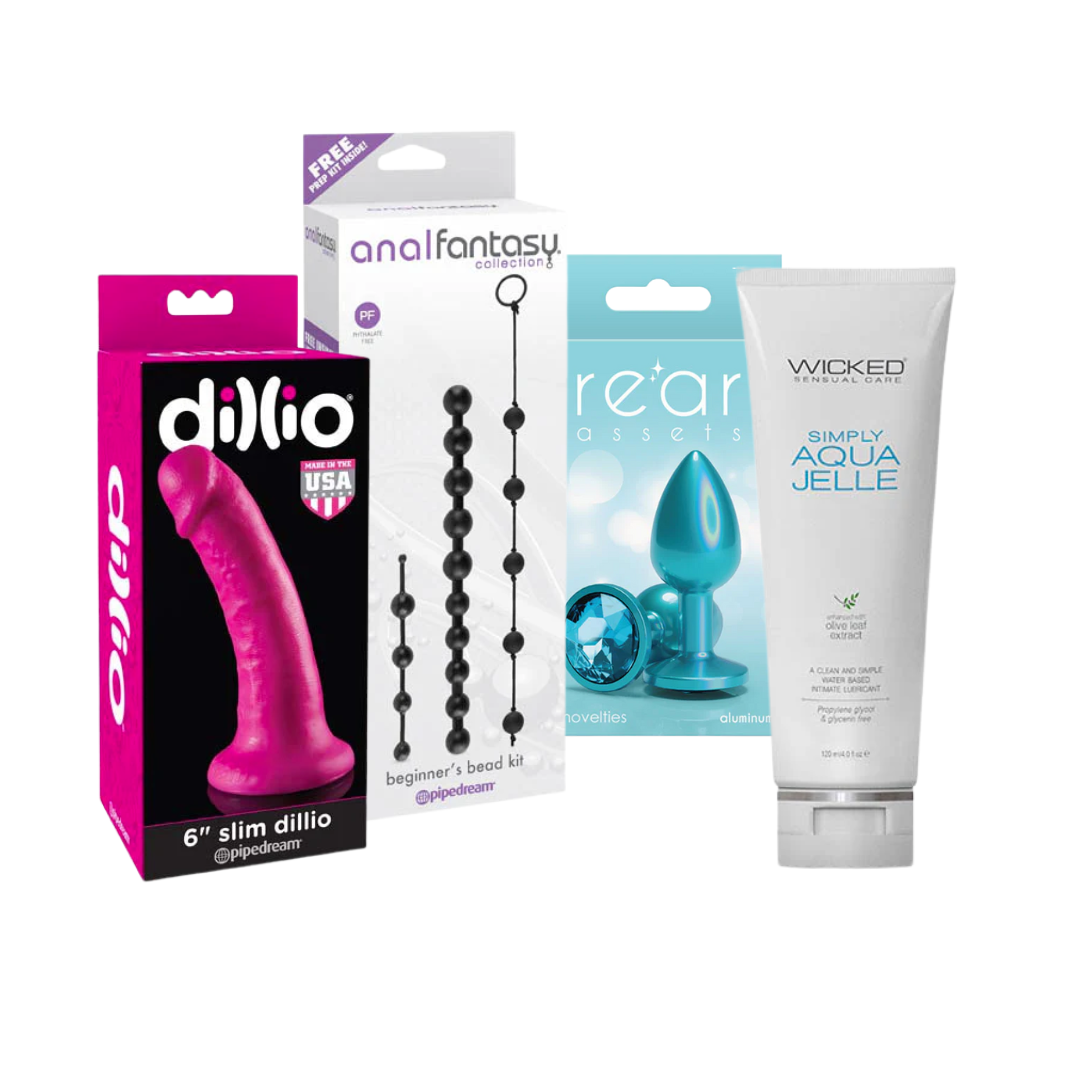 Seloura's Explore & Glow Anal Toy Set flat lay with aluminium plug, 15.2 cm dildo, bead kit and 120 mL lube