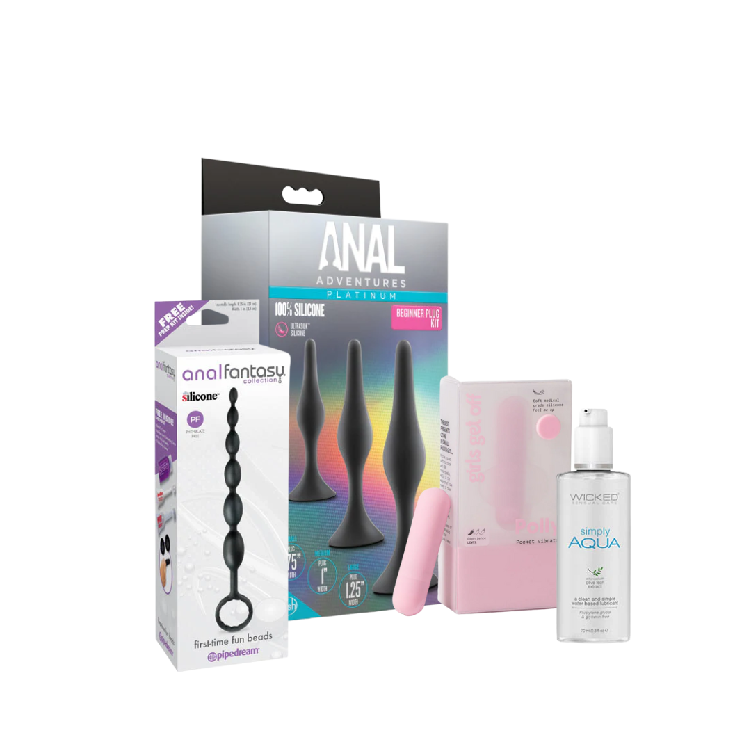 Seloura’s Slide Into Comfort Set featuring beginner-friendly anal beads, a silicone plug trio, the Polly bullet vibrator and Simply Aqua lubricant.