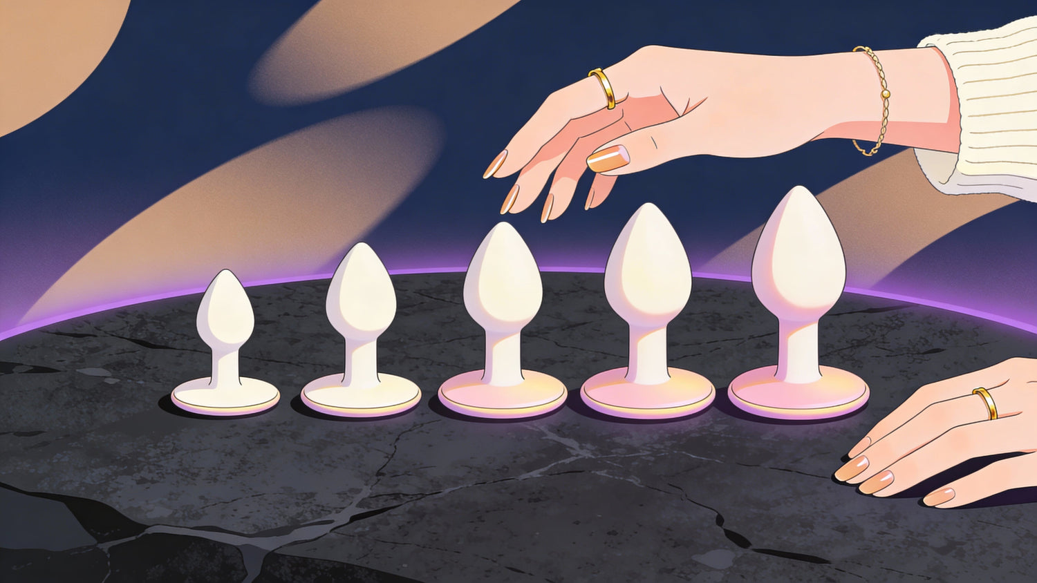 Illustration showing a gradual anal comfort trainer progression, with five silicone trainer plugs increasing in size from left to right on a stone surface, guided by feminine hands. Designed to visually communicate safe, confidence-building progression and body-led comfort.